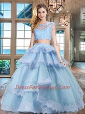 Glamorous Scoop Tulle Cap Sleeves Floor Length Quince Ball Gowns and Beading and Lace and Appliques and Ruffled Layers