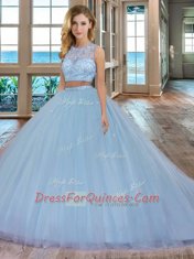 Elegant Scoop Sleeveless Quinceanera Gown With Train Court Train Beading Lilac Tulle
