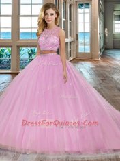 Elegant Scoop Sleeveless Quinceanera Gown With Train Court Train Beading Lilac Tulle