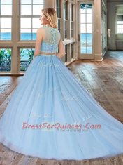 Elegant Scoop Sleeveless Quinceanera Gown With Train Court Train Beading Lilac Tulle