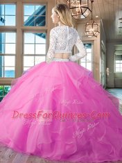 Attractive Scoop Gold Ball Gown Prom Dress Organza Brush Train Long Sleeves Beading and Lace and Ruffles