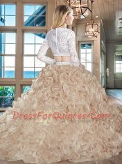 Super Champagne Two Pieces Organza Scoop Long Sleeves Beading and Lace and Ruffles Zipper Ball Gown Prom Dress Brush Train