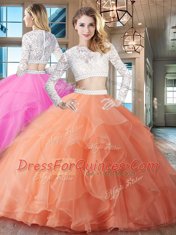 Dramatic Orange Organza Zipper Scoop Long Sleeves Quince Ball Gowns Brush Train Beading and Lace and Ruffles