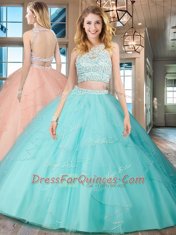 Backless Scoop Sleeveless Quinceanera Dresses Floor Length Beading and Ruffles Aqua Blue Tulle