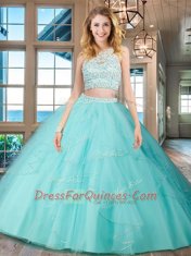 Backless Scoop Sleeveless Quinceanera Dresses Floor Length Beading and Ruffles Aqua Blue Tulle
