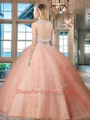 Backless Scoop Sleeveless Quinceanera Dresses Floor Length Beading and Ruffles Aqua Blue Tulle