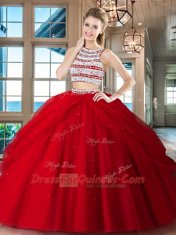Scoop Pick Ups Red Sleeveless Tulle Backless Quinceanera Dress for Military Ball and Sweet 16 and Quinceanera