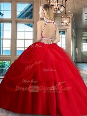 Scoop Pick Ups Red Sleeveless Tulle Backless Quinceanera Dress for Military Ball and Sweet 16 and Quinceanera