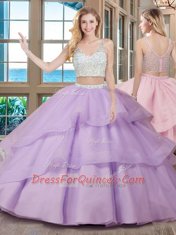 Suitable Lavender V-neck Zipper Beading Sweet 16 Dresses Brush Train Sleeveless