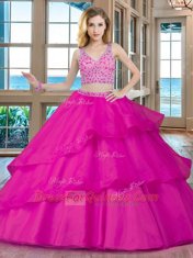 Suitable Lavender V-neck Zipper Beading Sweet 16 Dresses Brush Train Sleeveless