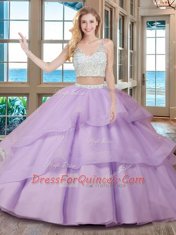 Suitable Lavender V-neck Zipper Beading Sweet 16 Dresses Brush Train Sleeveless