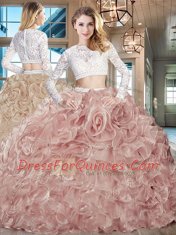 Fantastic Scoop Pink Vestidos de Quinceanera Organza Brush Train Long Sleeves Beading and Lace and Ruffles