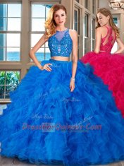 Luxurious Scoop Floor Length Two Pieces Sleeveless Blue Vestidos de Quinceanera Zipper