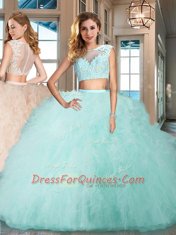 Exquisite Aqua Blue Sweet 16 Dress Military Ball and Sweet 16 and Quinceanera and For with Appliques and Ruffles Bateau Cap Sleeves Zipper