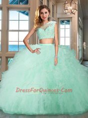 Exquisite Aqua Blue Sweet 16 Dress Military Ball and Sweet 16 and Quinceanera and For with Appliques and Ruffles Bateau Cap Sleeves Zipper