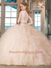 Exquisite Aqua Blue Sweet 16 Dress Military Ball and Sweet 16 and Quinceanera and For with Appliques and Ruffles Bateau Cap Sleeves Zipper
