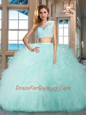 Exquisite Aqua Blue Sweet 16 Dress Military Ball and Sweet 16 and Quinceanera and For with Appliques and Ruffles Bateau Cap Sleeves Zipper