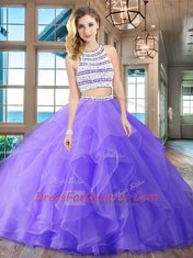 Romantic Scoop Lavender Two Pieces Beading and Ruffles Quince Ball Gowns Backless Organza Sleeveless With Train