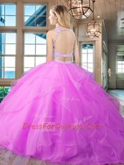 Romantic Scoop Lavender Two Pieces Beading and Ruffles Quince Ball Gowns Backless Organza Sleeveless With Train