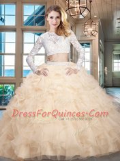 Champagne Scoop Zipper Beading and Lace and Ruffles Quinceanera Dresses Long Sleeves
