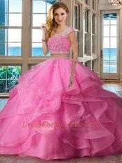 Latest Two Pieces Quinceanera Gown Apple Green Scoop Organza Cap Sleeves Floor Length Backless