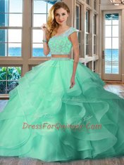 Latest Two Pieces Quinceanera Gown Apple Green Scoop Organza Cap Sleeves Floor Length Backless