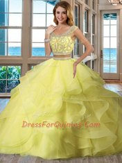 Latest Two Pieces Quinceanera Gown Apple Green Scoop Organza Cap Sleeves Floor Length Backless