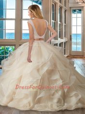 Latest Two Pieces Quinceanera Gown Apple Green Scoop Organza Cap Sleeves Floor Length Backless