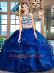 Royal Blue Scoop Backless Beading and Ruffles Quinceanera Gown Brush Train Sleeveless