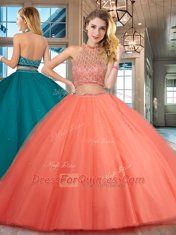 Suitable Backless Halter Top Sleeveless Quinceanera Gowns Floor Length Beading Orange Red Tulle