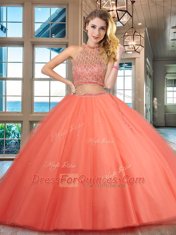 Suitable Backless Halter Top Sleeveless Quinceanera Gowns Floor Length Beading Orange Red Tulle