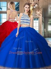 Extravagant Backless Scoop Sleeveless Sweet 16 Quinceanera Dress Floor Length Beading and Pick Ups Royal Blue Tulle