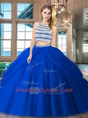 Extravagant Backless Scoop Sleeveless Sweet 16 Quinceanera Dress Floor Length Beading and Pick Ups Royal Blue Tulle