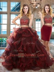 Deluxe Halter Top Sleeveless Brush Train Backless Quinceanera Gown Burgundy Tulle