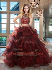 Deluxe Halter Top Sleeveless Brush Train Backless Quinceanera Gown Burgundy Tulle