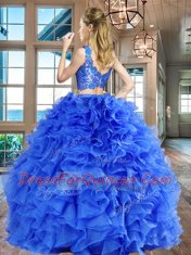 Red Organza Zipper V-neck Sleeveless Floor Length 15 Quinceanera Dress Lace and Ruffles