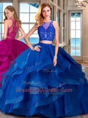 Royal Blue Tulle Zipper Scoop Sleeveless Floor Length Quinceanera Dress Ruffles