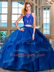 Royal Blue Tulle Zipper Scoop Sleeveless Floor Length Quinceanera Dress Ruffles