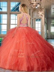 Orange Red Backless Scoop Beading and Ruffles Quince Ball Gowns Tulle Sleeveless
