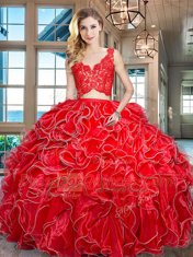 Red Quinceanera Dresses Military Ball and Sweet 16 and Quinceanera and For with Lace and Ruffles V-neck Sleeveless Zipper