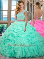 Delicate Scoop Cap Sleeves Floor Length Beading and Ruffles Backless Quinceanera Dress with Apple Green