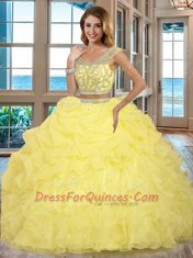 Delicate Scoop Cap Sleeves Floor Length Beading and Ruffles Backless Quinceanera Dress with Apple Green