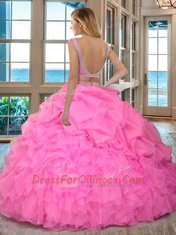 Delicate Scoop Cap Sleeves Floor Length Beading and Ruffles Backless Quinceanera Dress with Apple Green
