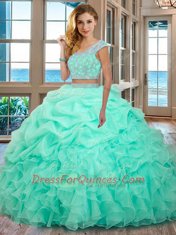 Delicate Scoop Cap Sleeves Floor Length Beading and Ruffles Backless Quinceanera Dress with Apple Green