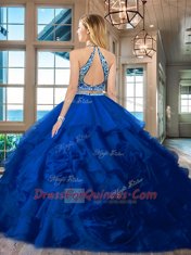 Fashionable Organza Scoop Sleeveless Backless Beading and Ruffles 15th Birthday Dress in Royal Blue