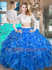 Scoop Long Sleeves Vestidos de Quinceanera Floor Length Beading and Lace and Ruffles Royal Blue Organza