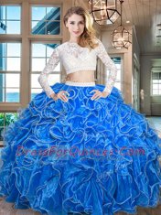 Scoop Long Sleeves Vestidos de Quinceanera Floor Length Beading and Lace and Ruffles Royal Blue Organza