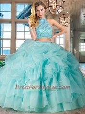 Glamorous Aqua Blue Two Pieces Halter Top Sleeveless Organza Brush Train Backless Beading and Ruffled Layers and Pick Ups Sweet 16 Dress