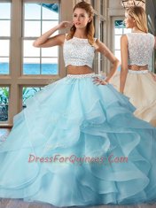 Artistic Light Blue Side Zipper 15th Birthday Dress Beading and Ruffles Sleeveless Floor Length