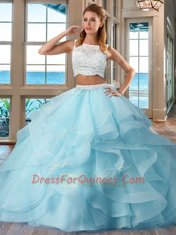 Artistic Light Blue Side Zipper 15th Birthday Dress Beading and Ruffles Sleeveless Floor Length